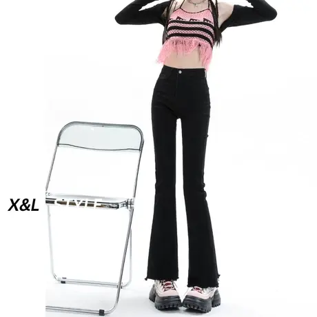 高腰毛边微喇牛仔裤女春秋2023新款爆款修身弹力显瘦马蹄拖地裤子商品大图