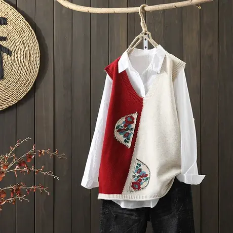 枫谜2021年秋装新款文艺复古刺绣针织马夹女宽松无袖毛衣背心坎肩图片