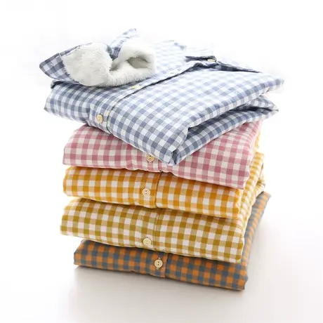 秋冬日系文艺小格子翻领衬衫女清新加绒加厚学生百搭长袖打底衬衣商品大图