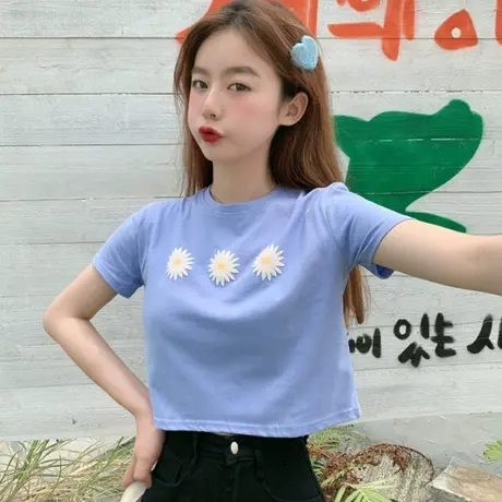 网红小雏菊短袖t恤女2020夏季韩版宽松ins超火纯棉短款露脐上衣潮商品大图