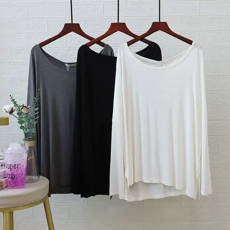 oversise纯色莫代尔长袖T恤 秋季大板型圆领宽松大码打底衫上衣女商品大图