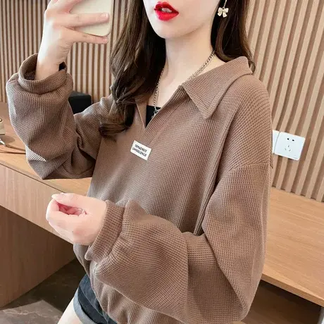 早秋小个子卫衣女春秋韩版宽松薄款翻领短款华夫格假两件上衣外套商品大图