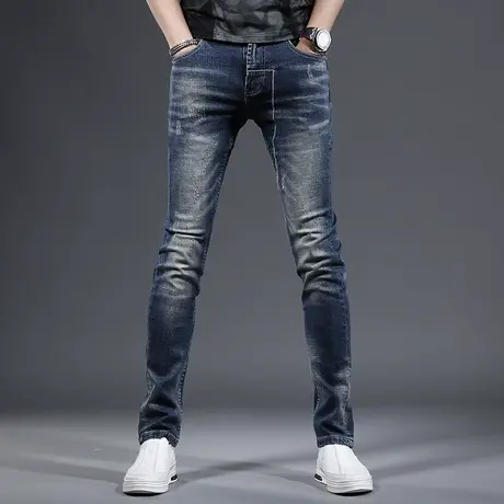 美式复古深蓝色牛仔裤男款修身小脚2023新款春季弹力男士裤子长裤图片