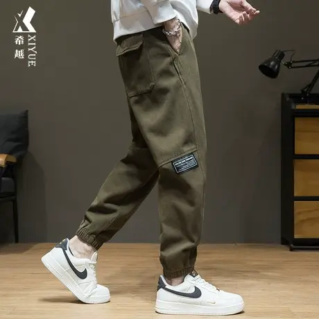 希越2023秋冬新款加绒休闲裤男棕色纯棉九分裤宽松大码胖子运动裤商品大图