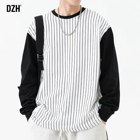 男士黑白条纹t恤男长袖纯棉春秋上衣宽松打底衫圆领内搭2023新款商品大图
