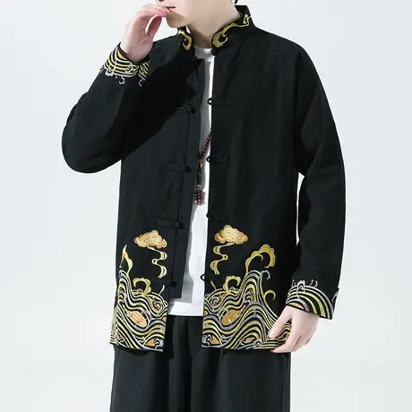 秋季男刺绣夹克中国风休闲外套中式民族复古盘扣男装禅服棉麻茶服图片