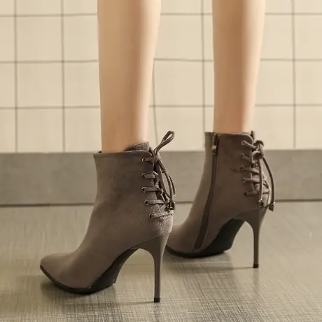 2023年秋冬季新款高跟鞋女细跟尖头绒面百搭瘦瘦靴时尚侧拉链短靴商品大图