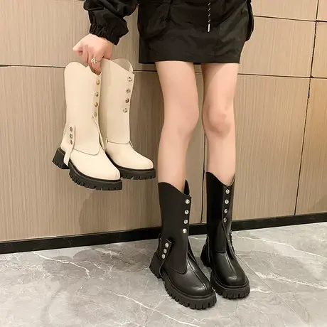 复古英伦炸街厚底显瘦显腿长裤腿靴女2023秋季超火网红辣妹中筒靴商品大图