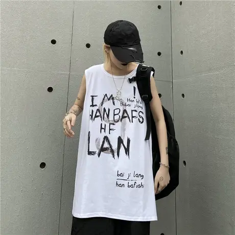 美式复古纯棉吊带运动坎肩背心无袖t恤女夏季外穿宽松篮球服上衣商品大图