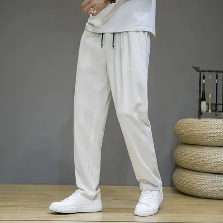 纯色简约垂感亚麻西裤薄款坠感宽松版长裤男青年中国风棉麻直筒裤图片