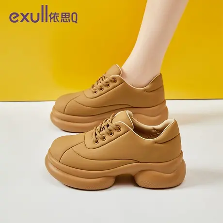 依思q黑色英伦风皮鞋女款2023新款冬季厚底小黑鞋软底增高休闲鞋图片