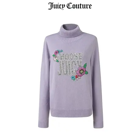 Juicy Couture橘滋美式秋冬新款毛织套头衫亮片刺绣印花高领毛衫图片
