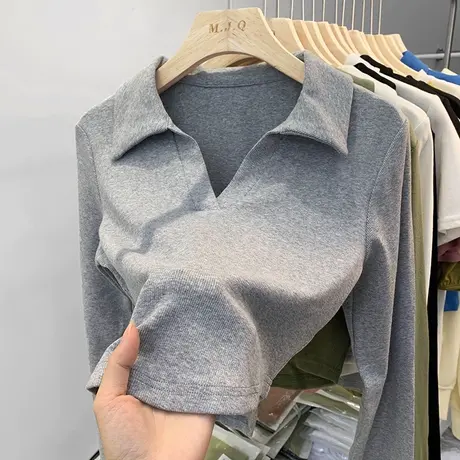短款polo衫设计感小众V领锁骨内搭针织白色上衣修身长袖T恤女秋季商品大图