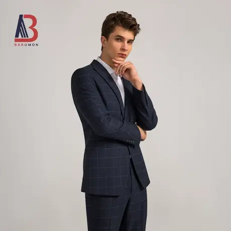 BAROMON/培罗蒙男士西装2023秋季新款商务工装藏蓝色格子西服套装商品大图