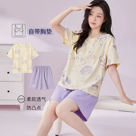千奈美睡衣女士纯棉短袖短裤夏季夏款夏天家居服带胸垫休闲可外穿商品大图