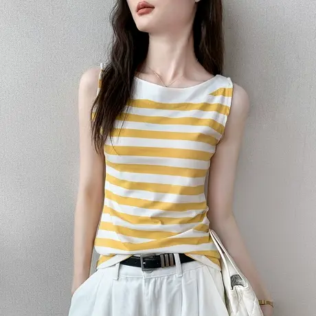 独特条纹无袖上衣女2025春夏新款修身显瘦小众设计撞色吊带背心女商品大图