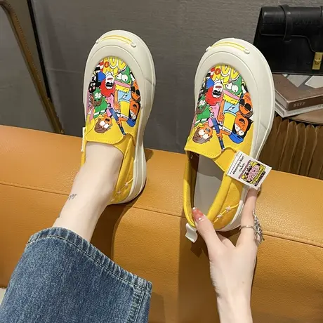 涂鸦玛丽珍乐福鞋女款夏季爆款一脚蹬女鞋春秋厚底帆布鞋休闲板鞋商品大图