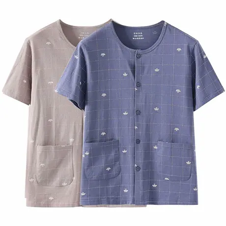 夏季纯棉薄款短袖开衫男士睡衣爸爸家居服上衣系扣大码爷爷空调服商品大图