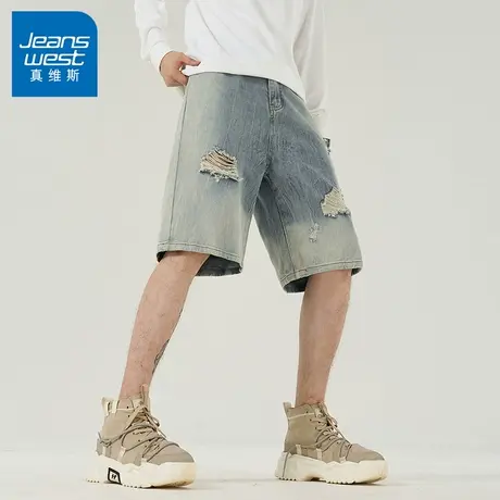 N5真维斯破洞牛仔短裤男2025夏季新款水洗渐变休闲百搭直筒五分裤图片