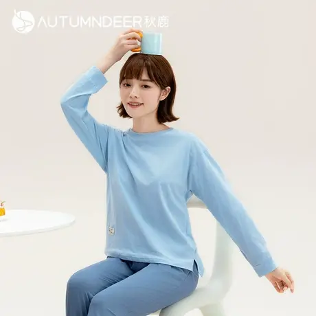 秋鹿【云感软糯棉】纯棉女生睡衣长袖纯色圆领家居服女春秋可外穿商品大图
