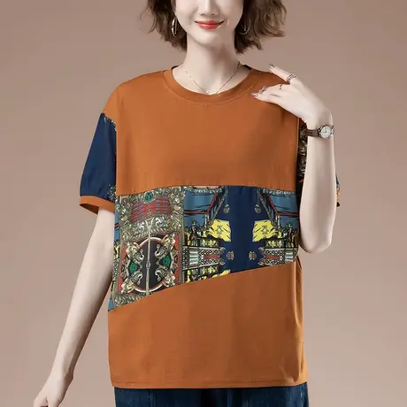 加肥加大码短袖t恤女夏季新款宽松中年妈妈百搭拼接显瘦半袖体恤商品大图