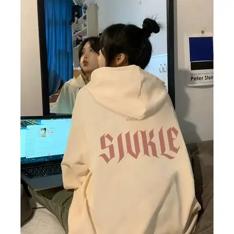 加绒加厚连帽卫衣女秋冬2023新款潮牌小众设计感美式复古宽松外套图片