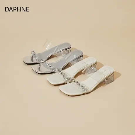 Daphne/达芙妮2025新款法式水钻日常百搭透明凉拖鞋女粗跟高跟鞋图片