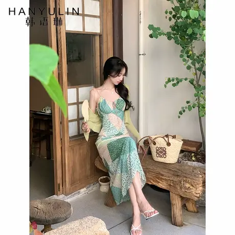 韩语琳 6/30 度假风复古拼色吊带连衣裙女夏季气质小众设计长裙图片