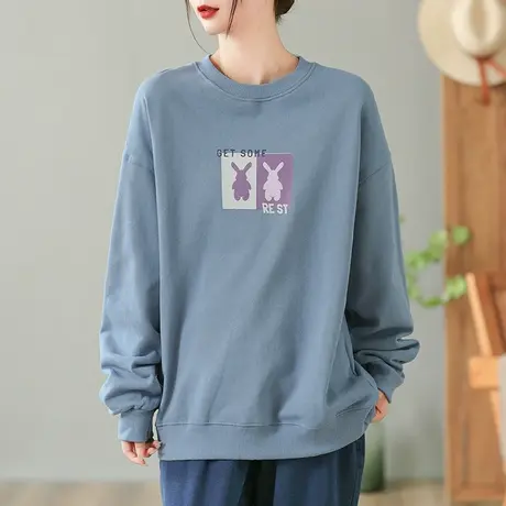 dza 复古印花圆领套头卫衣2023新款秋季长袖外套休闲显瘦宽松上衣商品大图