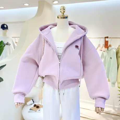 百搭简约卡通刺绣宽松大码显瘦短款连帽卫衣女帽衫拉链开衫外套商品大图