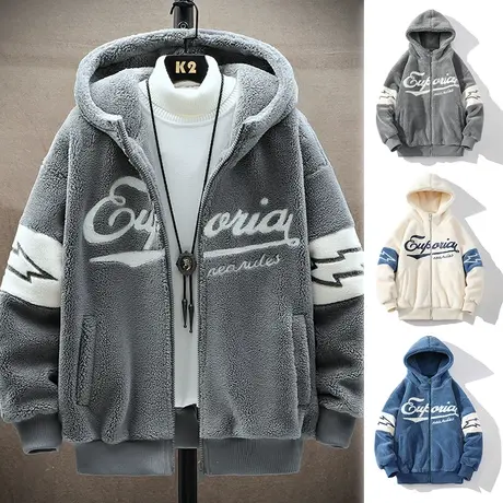 羊羔毛外套男士2023年秋冬季新款加绒加厚棉衣学生保暖摇粒绒棉服商品大图