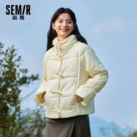 森马棉服女士冬季宽松立领肌理插肩袖外套小个子甜美蝴蝶结面包服图片