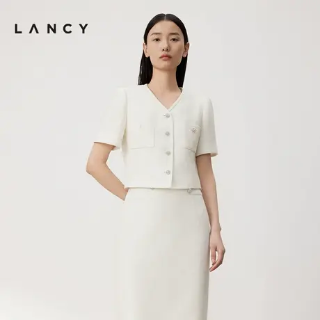 LANCY朗姿2024夏季精致白色v领短袖小香风外套高端重工轻奢上衣女图片