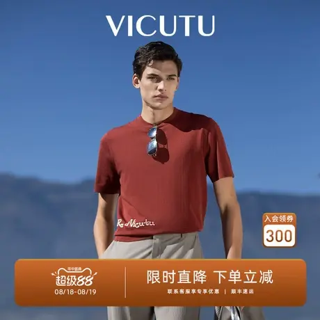 VICUTU威可多男士短袖针织衫复古砖红色时尚圆领休闲修身百搭半袖图片