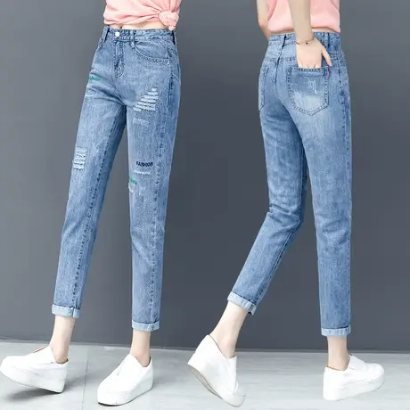 拉夏贝尔破洞哈伦牛仔裤女2025年夏季浅蓝色刺绣卷边显瘦直筒裤子商品大图