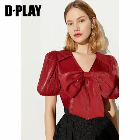 DPLAY夏季新款法式复古V领蝴蝶结衬衫鎏光纱垂感女短袖上衣商品大图