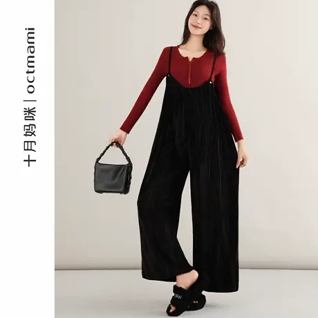 十月妈咪孕妇套装2025新款秋季外穿宽松丝绒阔腿背带裤两件套秋装商品大图