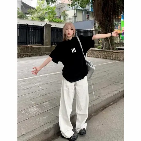 美式高街纯棉黑色短袖t恤女夏季2025新款宽松韩版小众设计感上衣图片