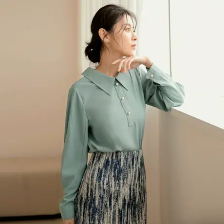 桔熊春秋季通勤气质雪纺衫修身珍珠扣公主袖上衣女装大码AB17779图片