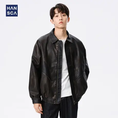 hansca复古美式PU皮衣外套男2024秋冬季潮牌机车防风翻领夹克上衣商品大图
