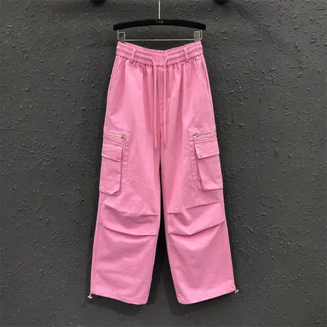 2023秋季新款粉色减龄松紧腰休闲长裤女时尚口袋设计感直筒阔腿裤商品大图