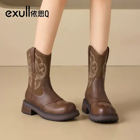exull/依思Q2025秋冬英伦短靴女复古刺绣西部牛仔靴骑士靴马丁靴图片