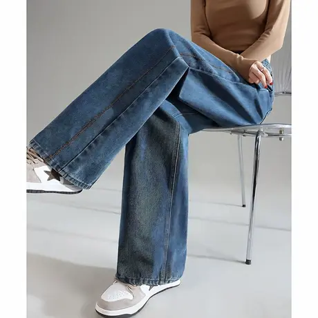 唐狮高腰牛仔阔腿裤宽松长裤秋季新款复古显瘦裤子女不褪色k1TD图片