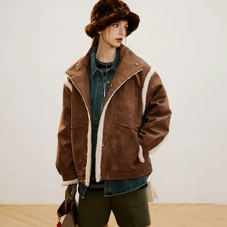 拼接冬季羊羔毛外套2023新款高级感美拉德棉服女潮牌复古宽松棉衣商品大图