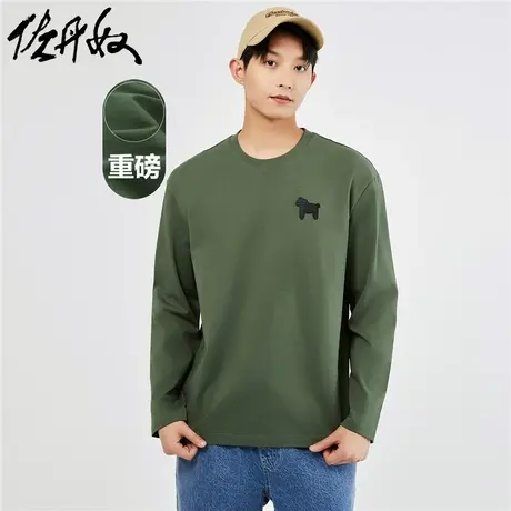 佐丹奴T恤男装纯棉重磅针织马胶章圆领长袖T恤 18023634图片