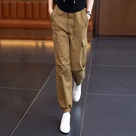 美式降落伞工装裤女秋冬2023新款高腰抽绳束脚登山裤冬季运动裤图片