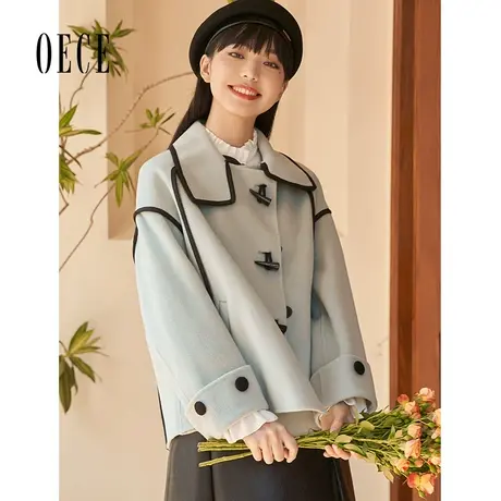 【买1送1】Oece复古撞色毛呢外套冬新款女气质牛角扣双面呢子大衣图片