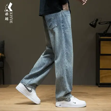 希越复古牛仔裤男士秋冬设计感泼墨直筒阔腿裤宽松大码美式休闲裤商品大图