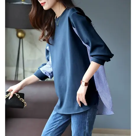 宝诗黎早秋新款圆领条纹拼接卫衣女装设计感2023百搭显瘦开叉上衣商品大图