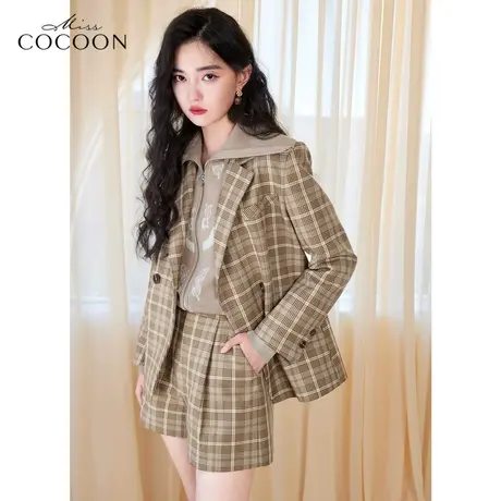 miss COCOON高级感复古格子西装外套女2023新款春季羊毛西服上衣图片